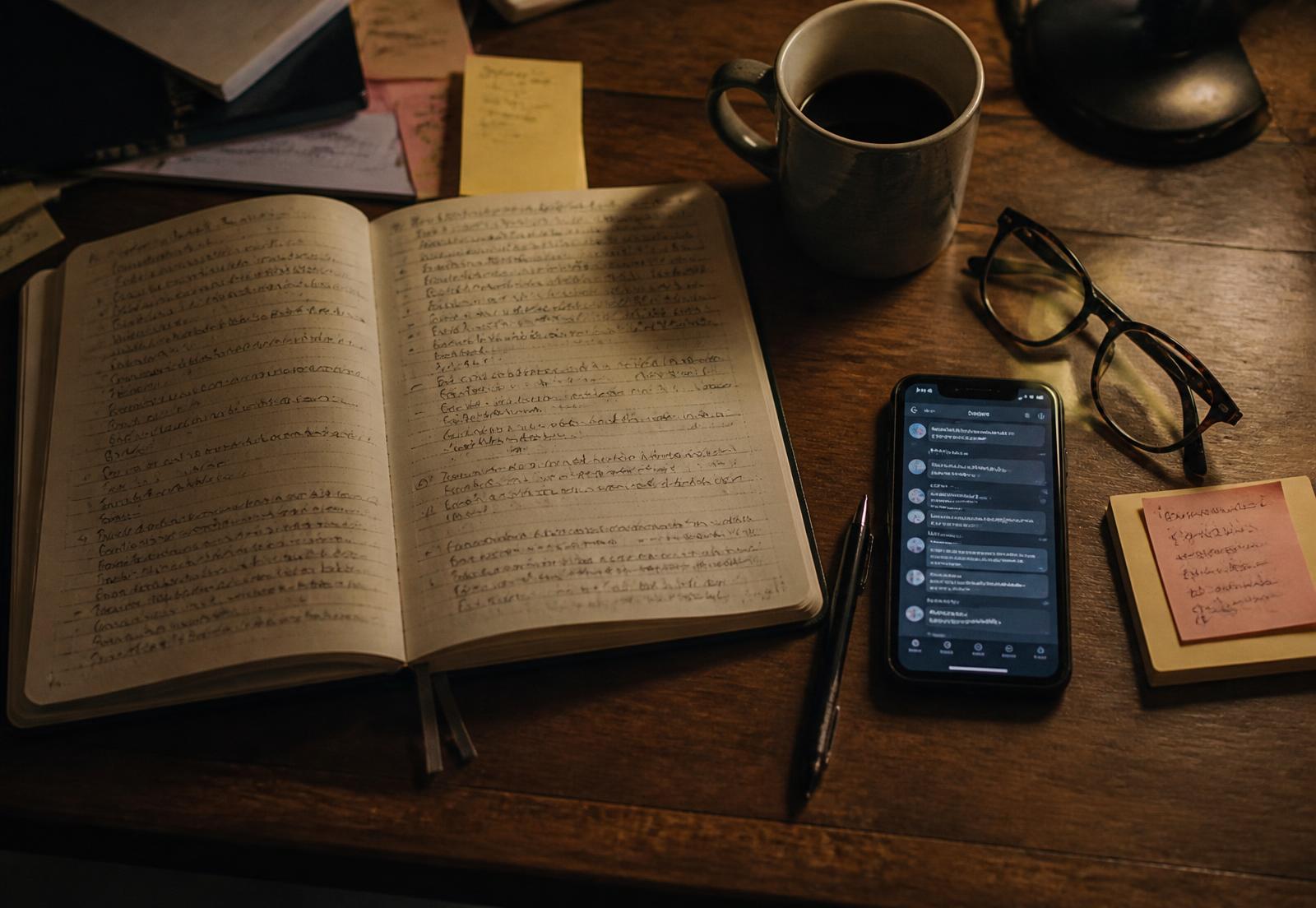 A desk at night with an open handwritten notebook, a phone showing a chat thread, sticky notes and a coffee cup